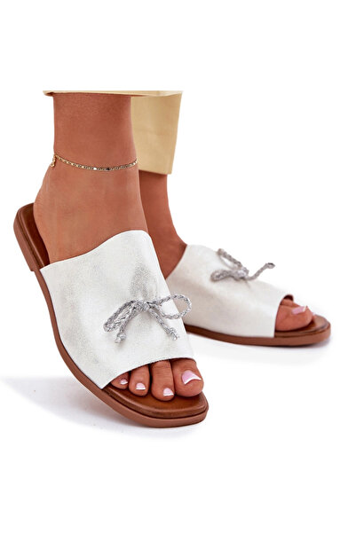 Evento Sandale de damă cu toc plat și legături decorative argintii Norela 38