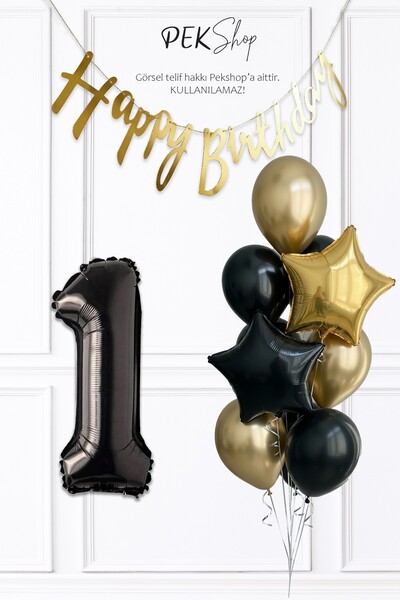 PEKSHOP Black Gold Theme Birthday Balloon Set with Black Number Balloons and ...