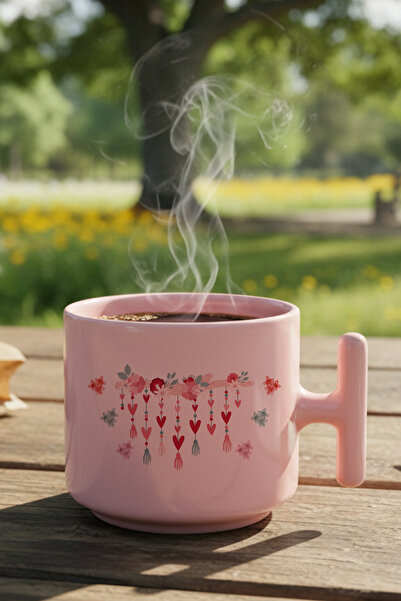 giftkonsept Pink Heart and Flower Printed Gift t Pink Latte Cup Mug with Handle