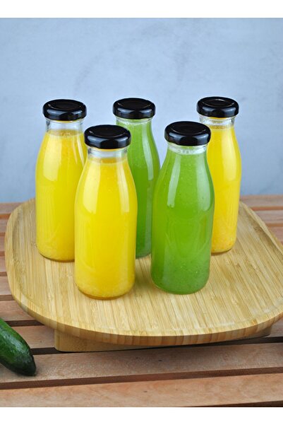 Qualitev 5 Pieces Glass Bottle Fruit Juice Ayran Detox Bottle 250 ml Black Me...