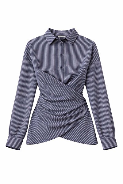 Mixray 4856 Women's Double-Breasted Cut Belted Long Sleeve Striped Shirt Navy...