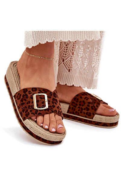 BOTO Sandale cu platformă pentru femei cu cataramă aurie, model leopard, Seli...