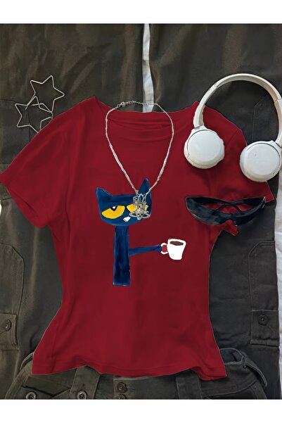 Toum Belt Boy "Monday Mood" Kahveci Kedi Cropped Blouse