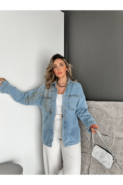 Zerrincan Giyim Mavi Tek Omzu Taş İşlemeli Kot Ceket
