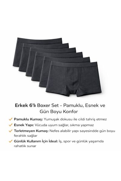 Alvin Store Erkek 6'lı Boxer Set Pamuklu Esnek Terletmeyen Rahat İç Giyim