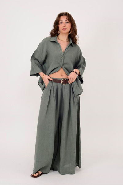 Park Moda 30522 Belt Detail Palazzo Wide Leg Linen Pants