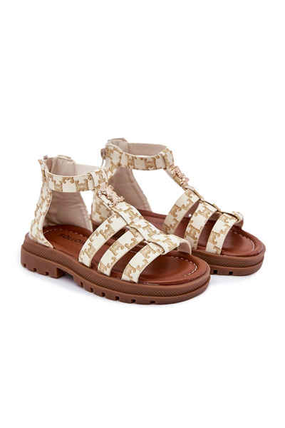 BOTO Sandale gladiator pentru fete cu detalii aurii, bej, Vesira, 36