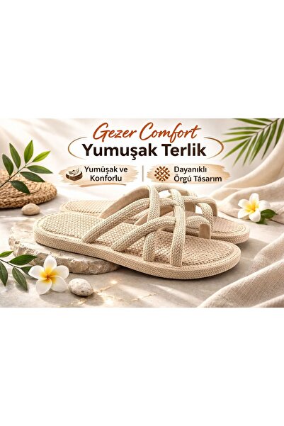GEZER Comfort Kadın Yazlık Örgü Terlik Günlük Hafif Konfor Terliği Krem