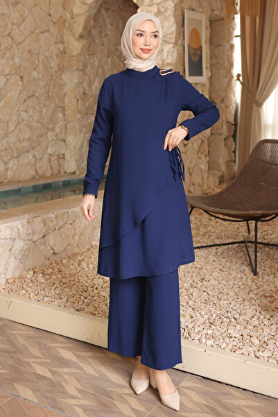 İmajButik Set pantaloni tunică Bel cu detaliu cu șnur bleumarin