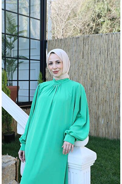 MODAMÜNASİP Hakim Collar Balloon Sleeve Striped Shermy Fabric Dress