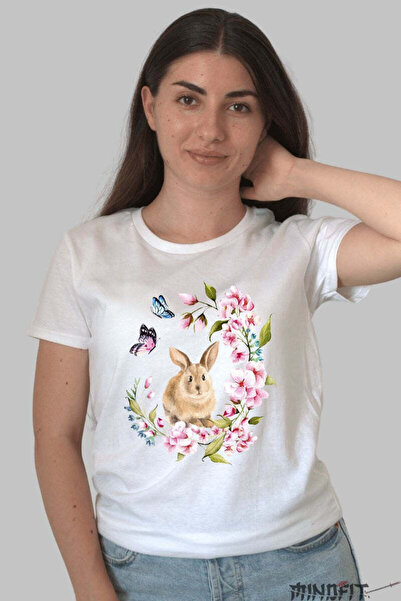 GILDAN Happy Spring T-Shirt Bunny Among Flowers And Butterflies