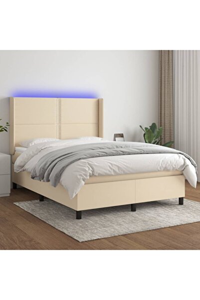 Concept Κρεβάτι με ελατήρια, στρώμα και LED, κρεμ, 140x200 cm, ύφασμα