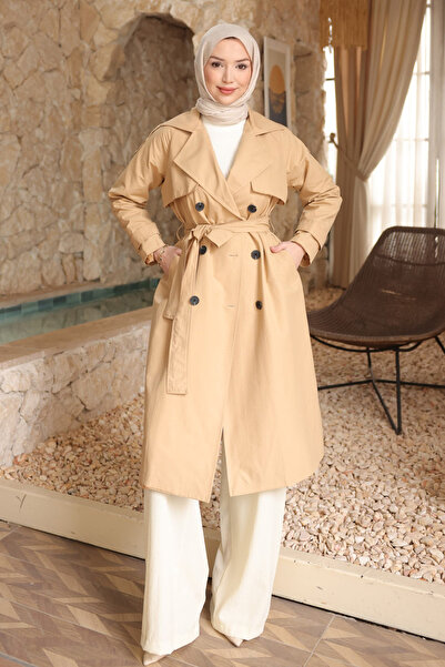 İmajButik Beige Double-Breasted Collared Lined Trench Coat
