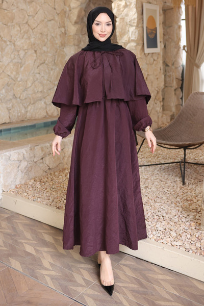 İmajButik Rochie cu mâneci elastice și detaliu tip pelerină, culoare prună