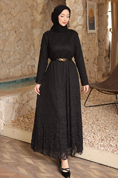 İmajButik Black Bel Belt Li Patterned Tulle Dress