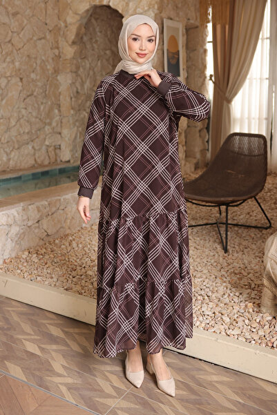 İmajButik Brown Patterned Chiffon Dress