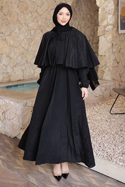 İmajButik Black Cape Detailed Dress with Elastic Sleeves