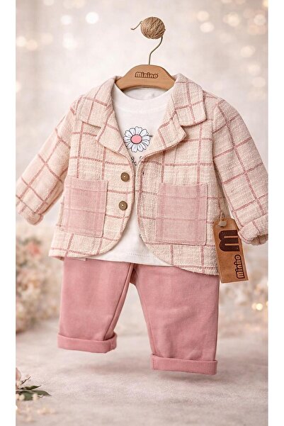 Hilora Baby Kids Kız Bebek Ekose 3’lü Takım Ceketli Pantolonlu Kombin