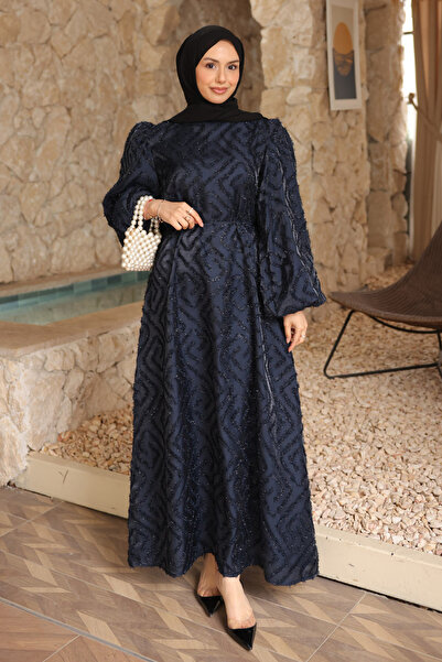 İmajButik Navy Blue Balloon Sleeve Belted Dress