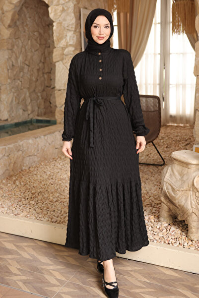 İmajButik Black Elastic Sleeves Buttoned Waist Tie-Detail Gofre Dress