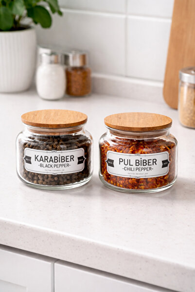 Padilon Set of 2 Glass Spice Jars with Wooden Lids, Black Pepper Flakes and C...