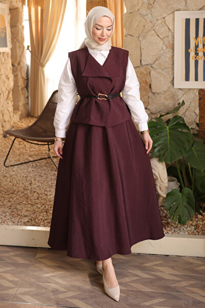 İmajButik Mürdüm Leather Belt Piece Vest Skirt Set