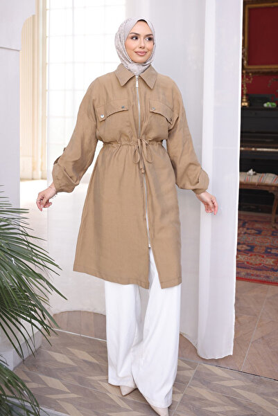 İmajButik قبعة جابريا مزدوجة بجيوب بحزام خصر من الجلد الجملي