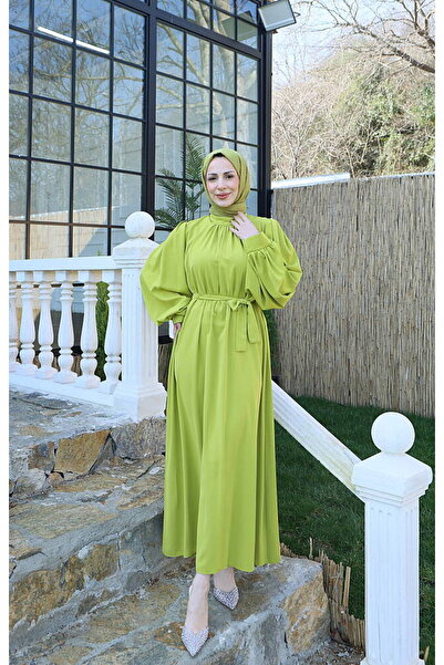 MODAMÜNASİP Hakim Collar Balloon Sleeve Striped Shermy Fabric Dress