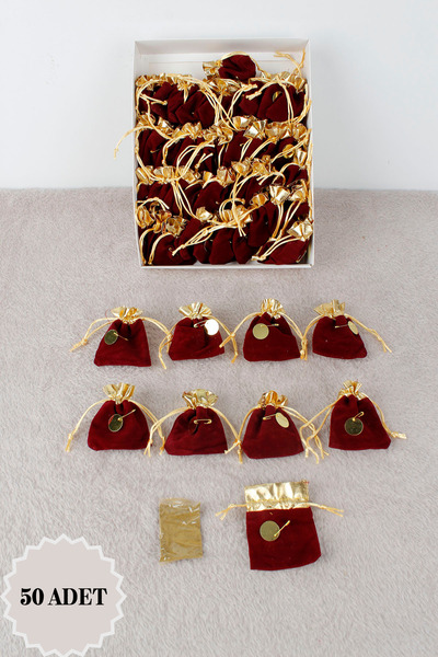 Mortex Bordo 50 Adet Dağıtmalık Hediyelik Kına Kadife Kese, Kına Gecesi Düğün...