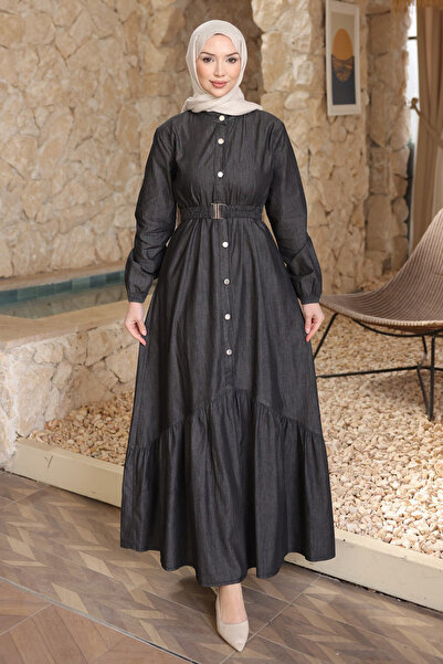 İmajButik Anthracite Waist Buttoned Denim Dress with Belt Buttons