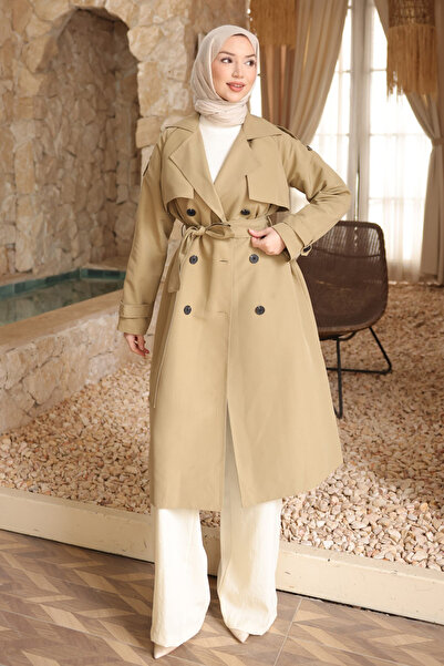 İmajButik Khaki Double-Breasted Lined Trench Coat