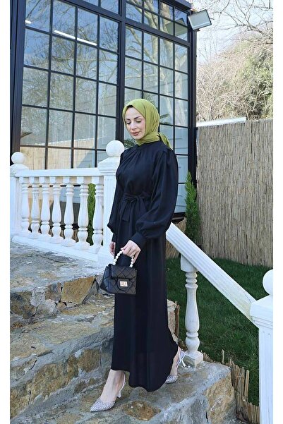 MODAMÜNASİP Hakim Collar Balloon Sleeve Striped Shermy Fabric Dress