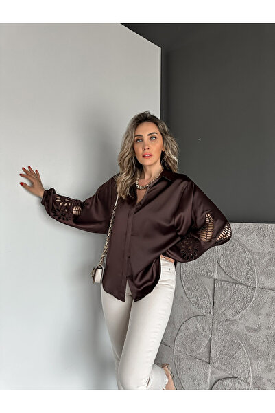 Zerrincan Giyim Kahve Saten Balon Kol Nakışlı Gömlek