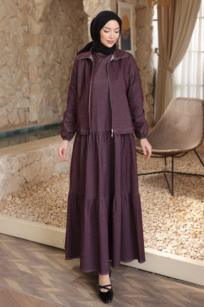 İmajButik Plum Crew Neck Dress with Jacket Set
