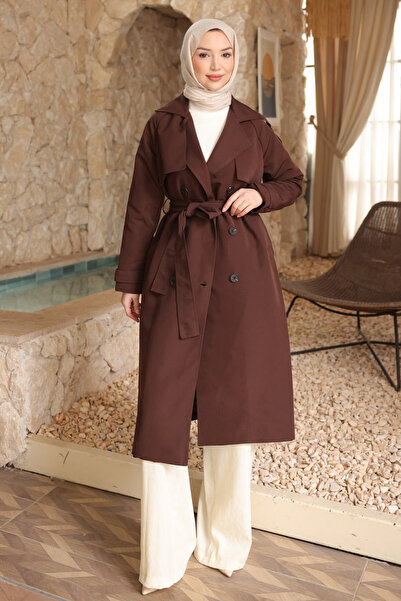 İmajButik Brown Double-Breasted Collar Lined Trench Coat