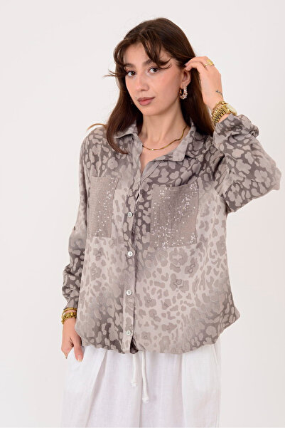 Park Moda 22007-1 Leopard Patterned Threaded Detail Sequined Shirt