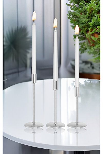 AA HomeLight 3'lü Üçlü Gümüş Şamdan Mumluk Dekoratif Ev Dekorasyon Paslanmaz
