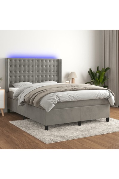 Concept Pat continental cu saltea și LED gri deschis 140x190 cm catifea