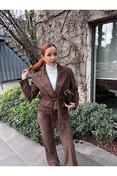 Sevenday Acı Kahverengi Kemerli Fitilli Kadife Ceket