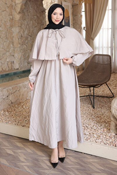 İmajButik Stone Cape Detailed Dress with Elastic Sleeves