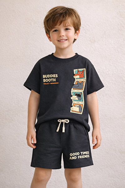 Zekalya Buddies Booth Boy's Anthracite Printed Shorts Set