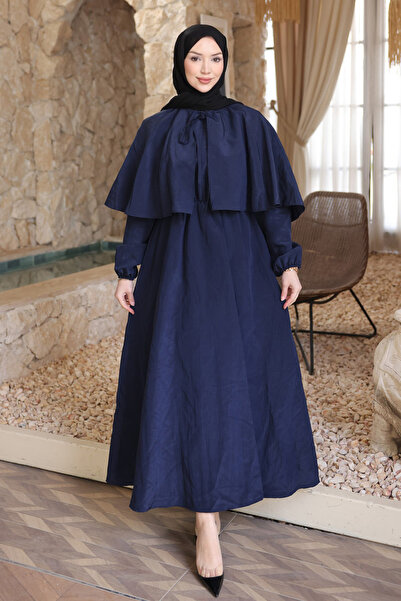 İmajButik Lacivert Pelerin Detaylı Kol Lastikli Elbise