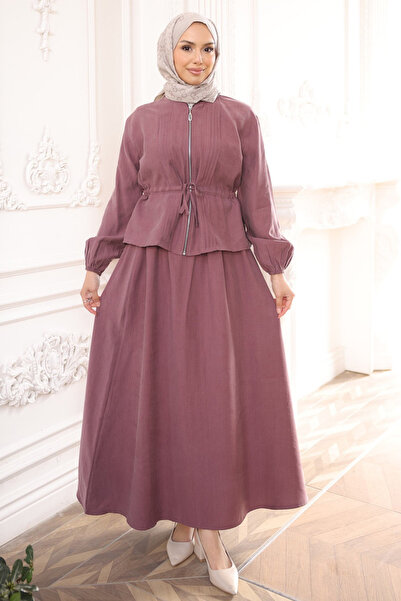 İmajButik Dusty Rose Ribbed Front Zipper Jacket and Skirt Set