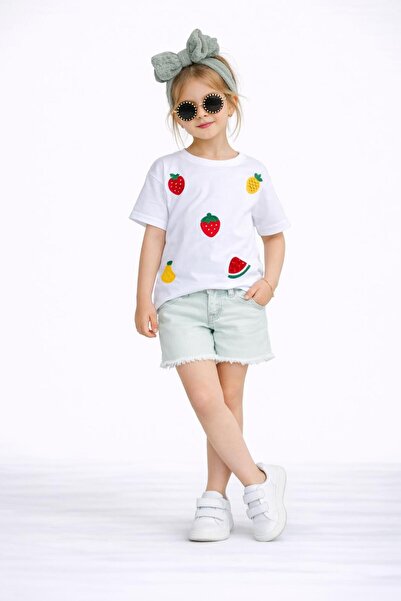 JELİBOOM Girl's Fruit Embroidered T-Shirt & Mint Shorts Summer Set 5900-1