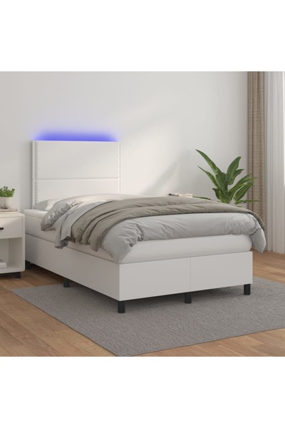 Concept Pat cu arcuri, saltea și LED, alb, 120x200 cm, piele ecologică