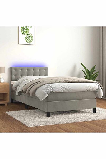 Concept Pat continental cu saltea & LED, gri deschis, 80x200 cm catifea