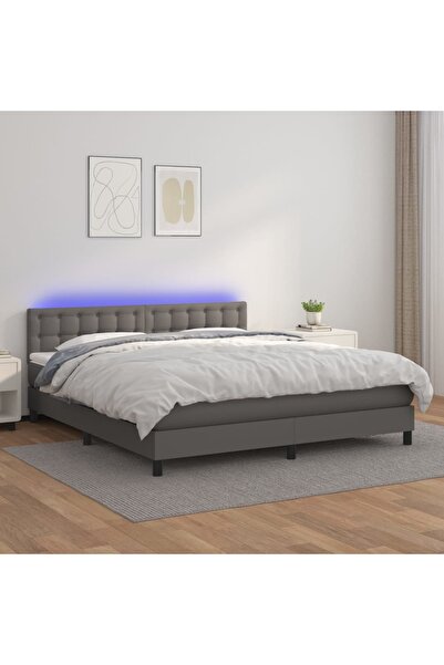 Concept Pat cu arcuri, saltea și LED, gri, 160x200 cm, piele ecologică