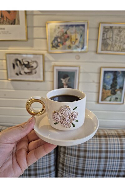 dalyaceramics Zarif Çiçek Desenli Altın Kulplu Lüster Fincan 120 ml