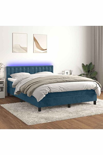 Concept Pat cu arcuri, saltea și LED, bleumarin, 140x190 cm, catifea