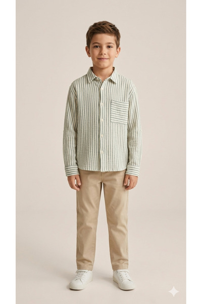 Motebarn Wear Boy's Green Striped Oversized Muslin Shirt - 100% Breathable Co...